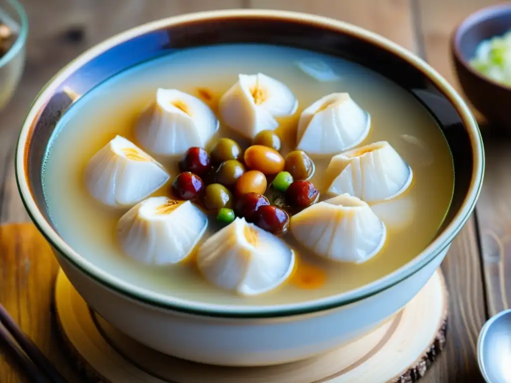 Un tazón humeante de Samgyetang, sopa de pollo Ginseng beneficios, en una mesa rústica iluminada suavemente