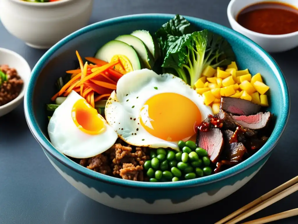 Un tazón de piedra tradicional coreano rebosante de ingredientes vibrantes y coloridos para el bibimbap