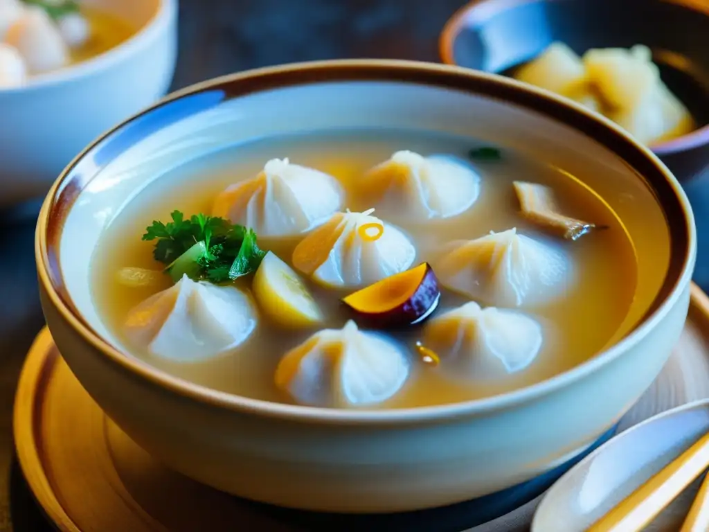 Un tazón de sopa de pollo con ginseng en una cocina coreana, evocando calidez y autenticidad culinaria