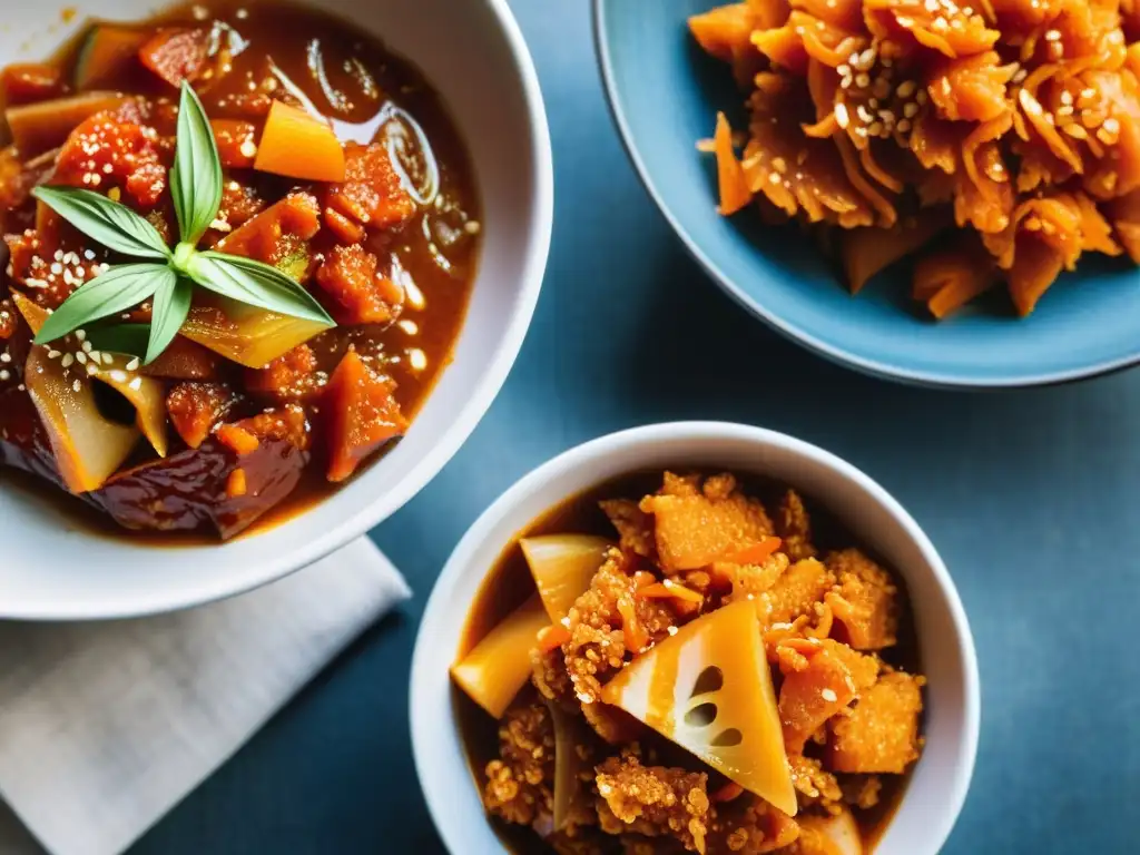 Dos tazones de kimchi, uno casero vibrante y colorido, el otro comercial uniforme