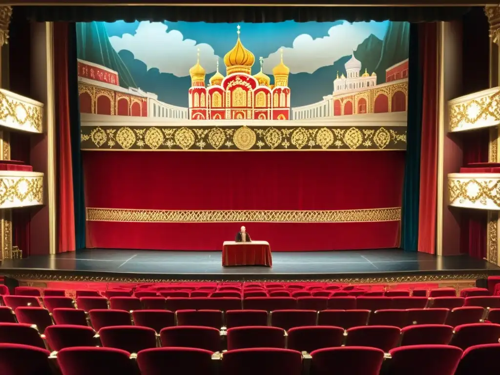 Un teatro íntimo y tenue con actores en trajes rusos actuando una escena