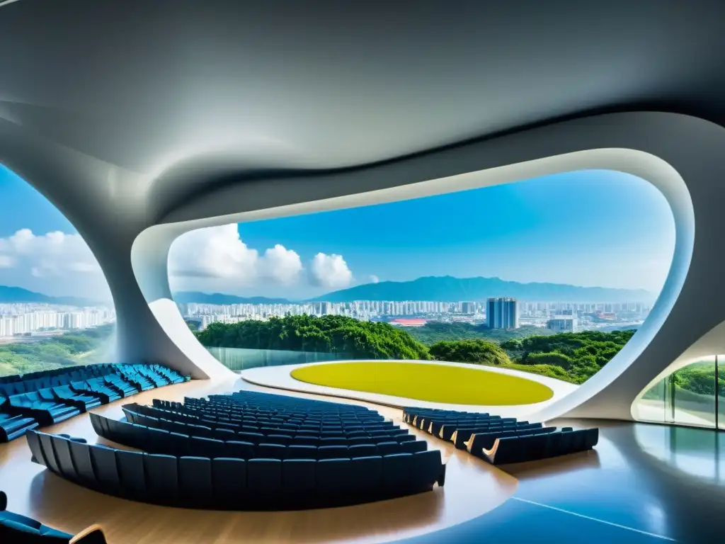 Teatro Nacional de Taichung en Taiwán, destacando su innovador diseño arquitectónico y su integración con el vibrante paisaje urbano