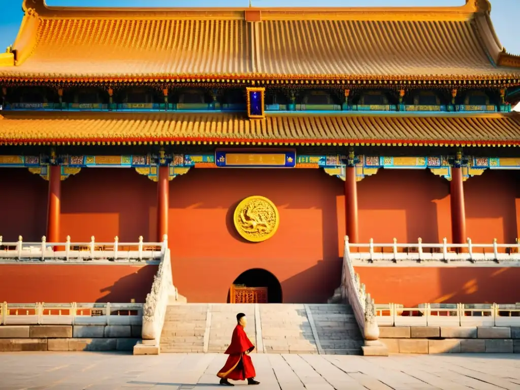 El techo dorado y detallado del Salón de la Suprema Armonía en la Ciudad Prohibida de Beijing, con paredes rojas vibrantes y arquitectura china tradicional de fondo