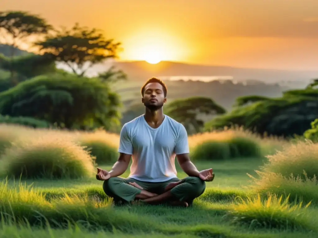 Técnica de meditación activa en la naturaleza al atardecer, con persona concentrada en postura tranquila