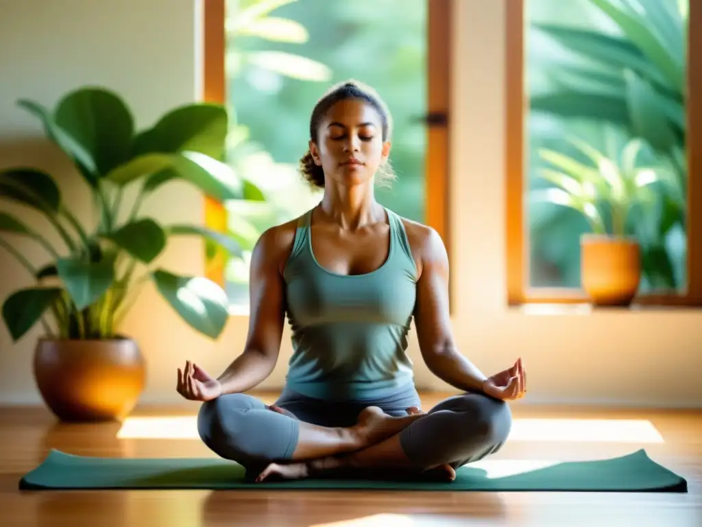 Técnica ancestral de Pranayama: yogi en un estudio sereno, practicando respiración profunda con ojos cerrados