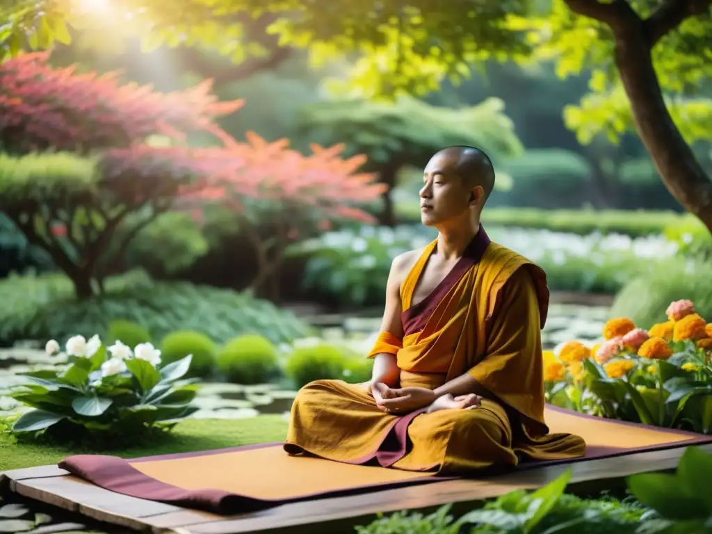 Técnicas ancestrales budistas para gestionar estrés: Monje meditando en jardín exuberante, rodeado de flores y arroyos, irradiando paz interior