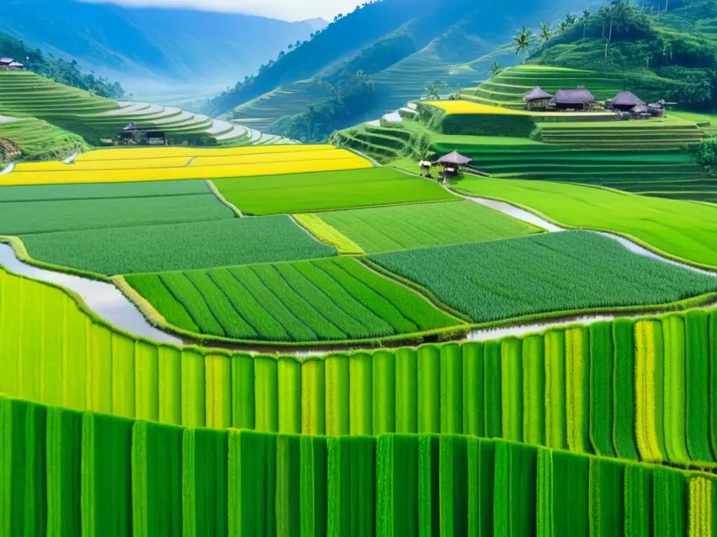 Técnicas de barbecho en agricultura milenaria: Imagen de arrozales verdes y un agricultor asiático tradicional cuidando las plantas