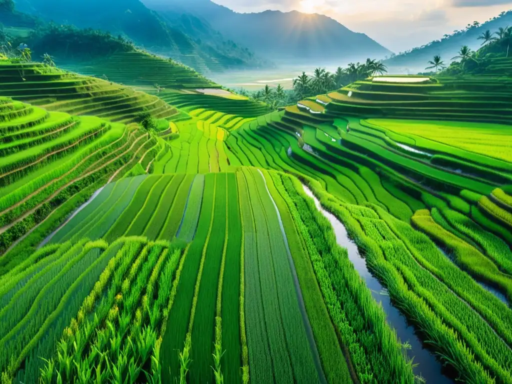 Técnicas de barbecho en agricultura milenaria: paisaje sereno y vibrante de arrozales en el sudeste asiático al atardecer