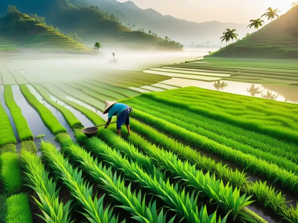 Técnicas de labranza mínima conservación suelo: Paisaje rural asiático con arrozales verdes, labranza tradicional y atardecer dorado