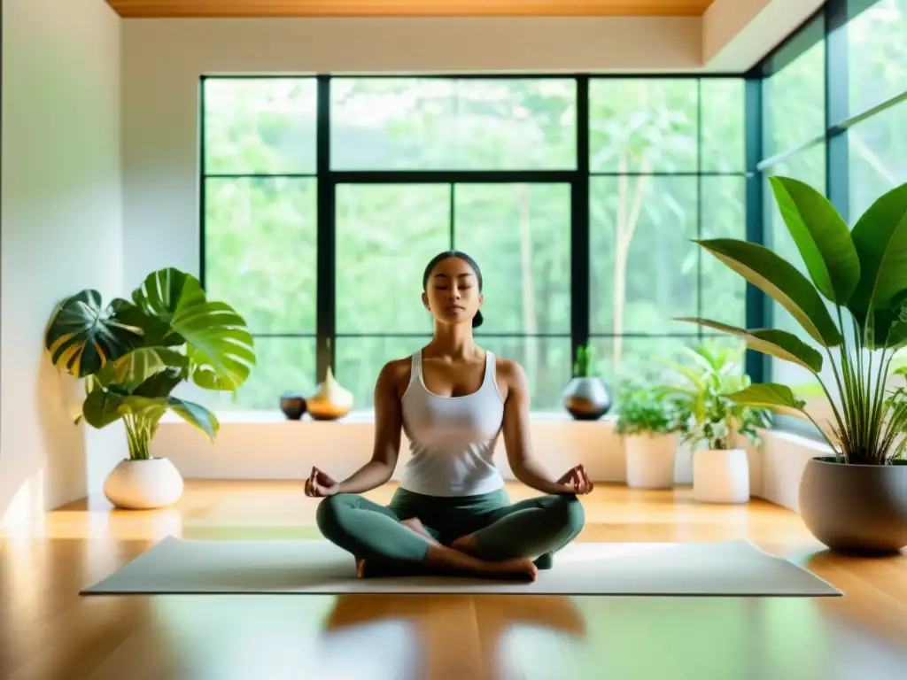 Técnicas de meditación zen moderna: Persona meditando en un ambiente sereno y minimalista, rodeada de plantas y luz natural