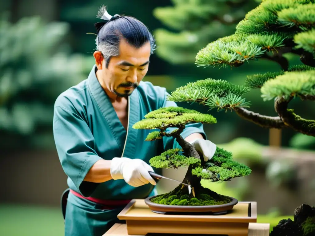 Técnicas tradicionales de poda japonesa: Maestro podando con precisión un bonsái en un sereno jardín japonés