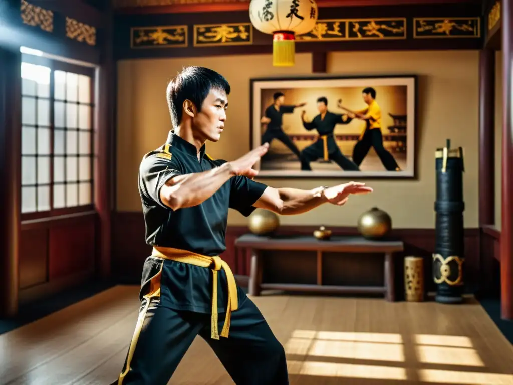 Bruce Lee demostrando técnicas de Wing Chun en un estudio tradicional de artes marciales, evocando los orígenes y técnicas del Wing Chun con intensidad y precisión