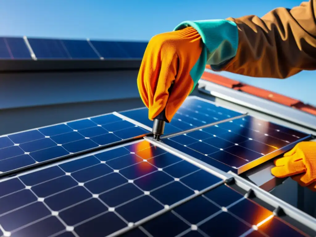 Un técnico instala un panel solar asiático de última generación en un tejado, con detalles intrincados y colores vibrantes