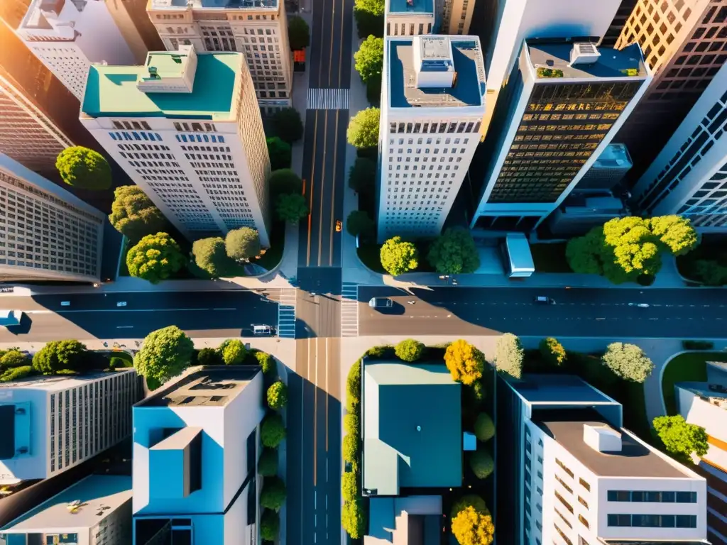 Tecnología asiática democratizando fotografía aérea: Vista aérea de una bulliciosa ciudad, con calles intrincadas y rascacielos imponentes