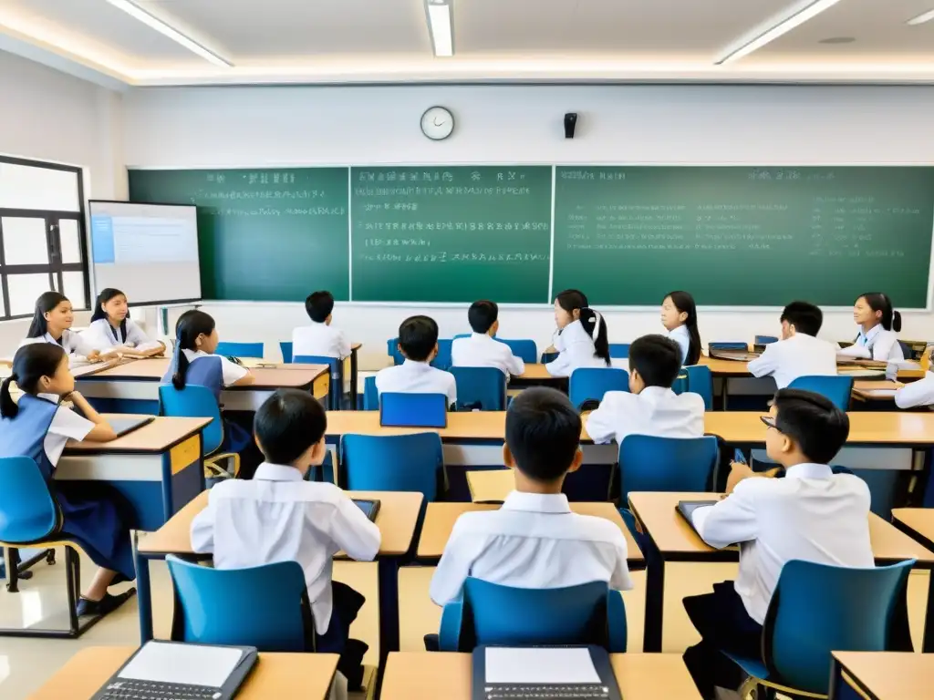 Tecnología en aulas asiáticas vanguardia: Detalle de aula bulliciosa con estudiantes concentrados en actividades de aprendizaje tecnológico