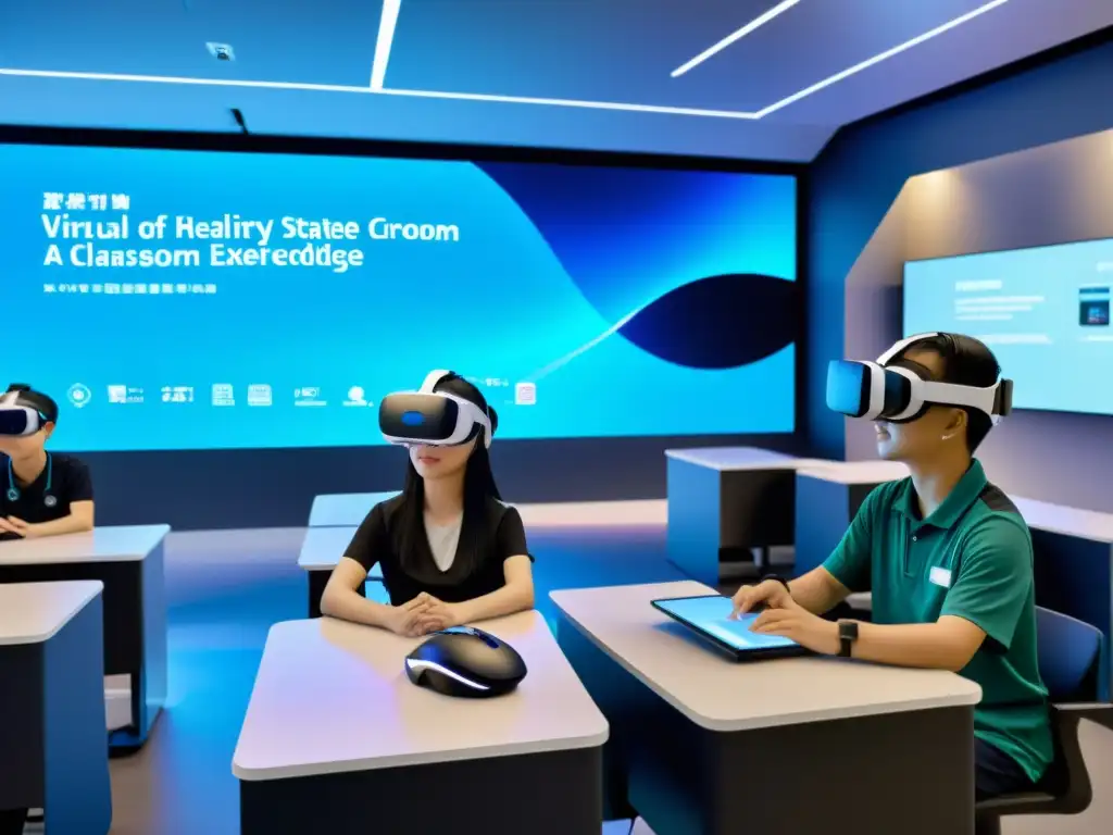 Tecnología en Aulas Asiáticas Vanguardia: aula de realidad virtual con estudiantes inmersos en experiencias educativas avanzadas en China