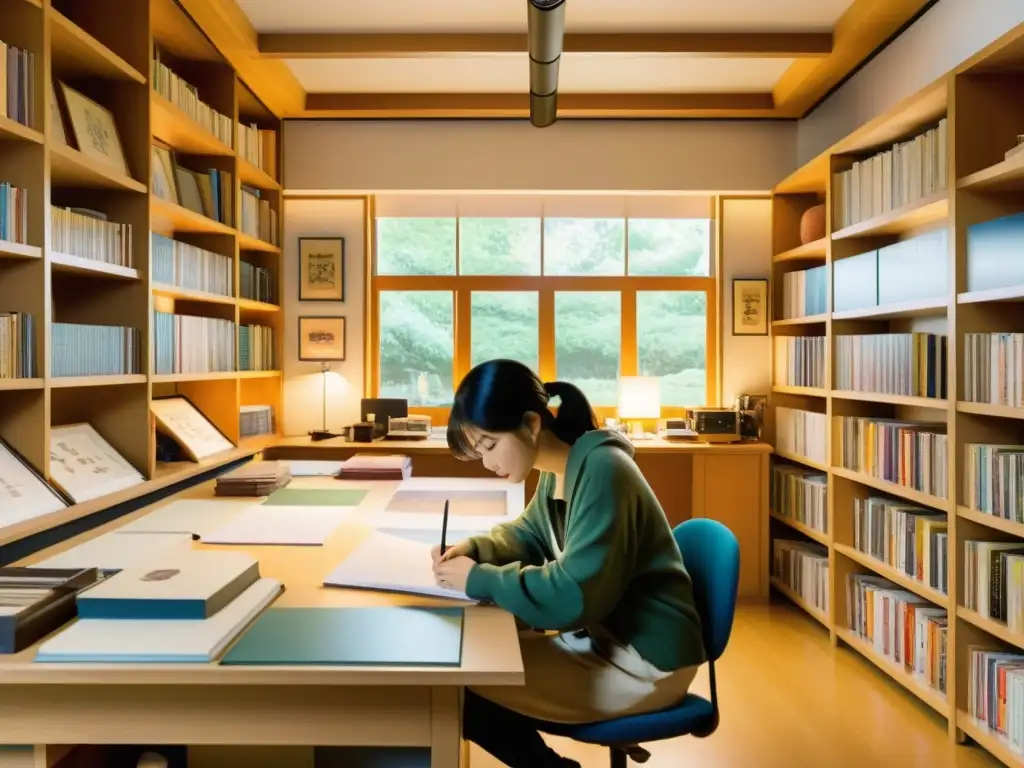 Estudio de animación japonés: artesanos dando vida a los personajes Tecnología en la Animación Japonesa: Estudio de animación tradicional con animadores dibujando a mano en un ambiente cálido y lleno de creatividad