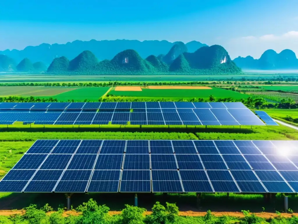 Tecnologías de energía renovable en Asia: paisaje verde exuberante con paneles solares bajo cielo azul vibrante en Tailandia