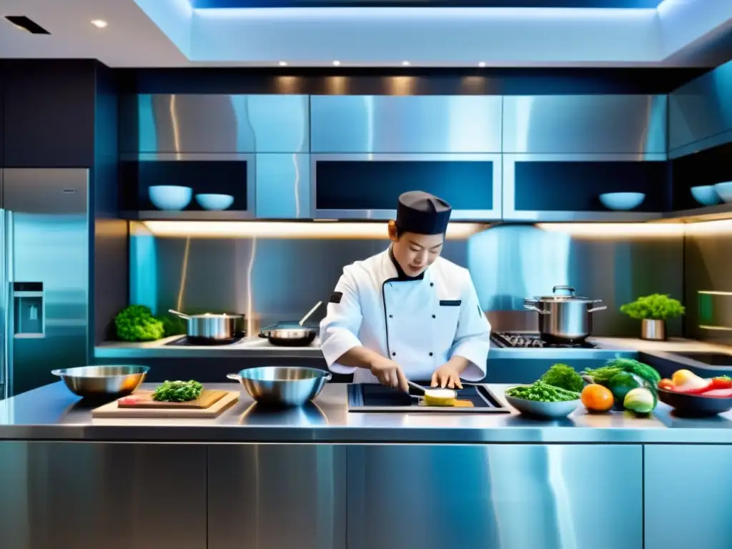 Innovación tecnológica en la cocina asiática: Chefs preparan platos tradicionales con un toque futurista en una cocina moderna y bulliciosa