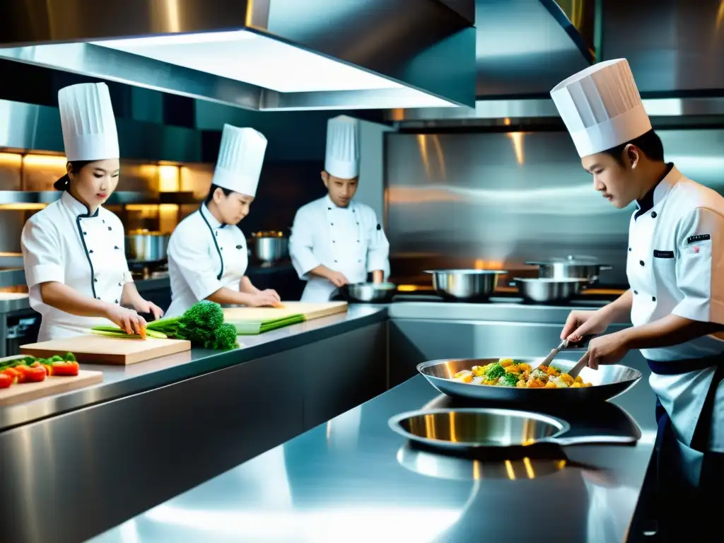 Innovación tecnológica en la cocina asiática: chefs preparando platos de fusión con tecnología avanzada y prácticas culinarias tradicionales