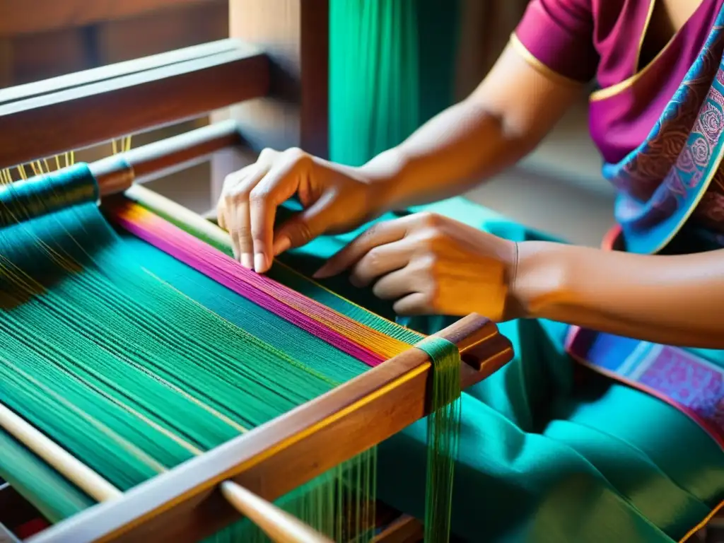 Un tejedor de seda tailandés tradicional crea patrones coloridos en un telar de madera, rodeado de hilos vibrantes y luz natural