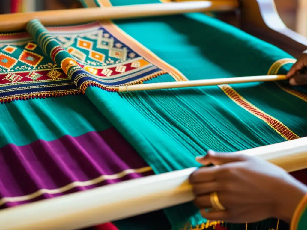 Un tejido artesanal de la India con colores vibrantes y patrones detallados, muestra la rica historia del arte textil de India