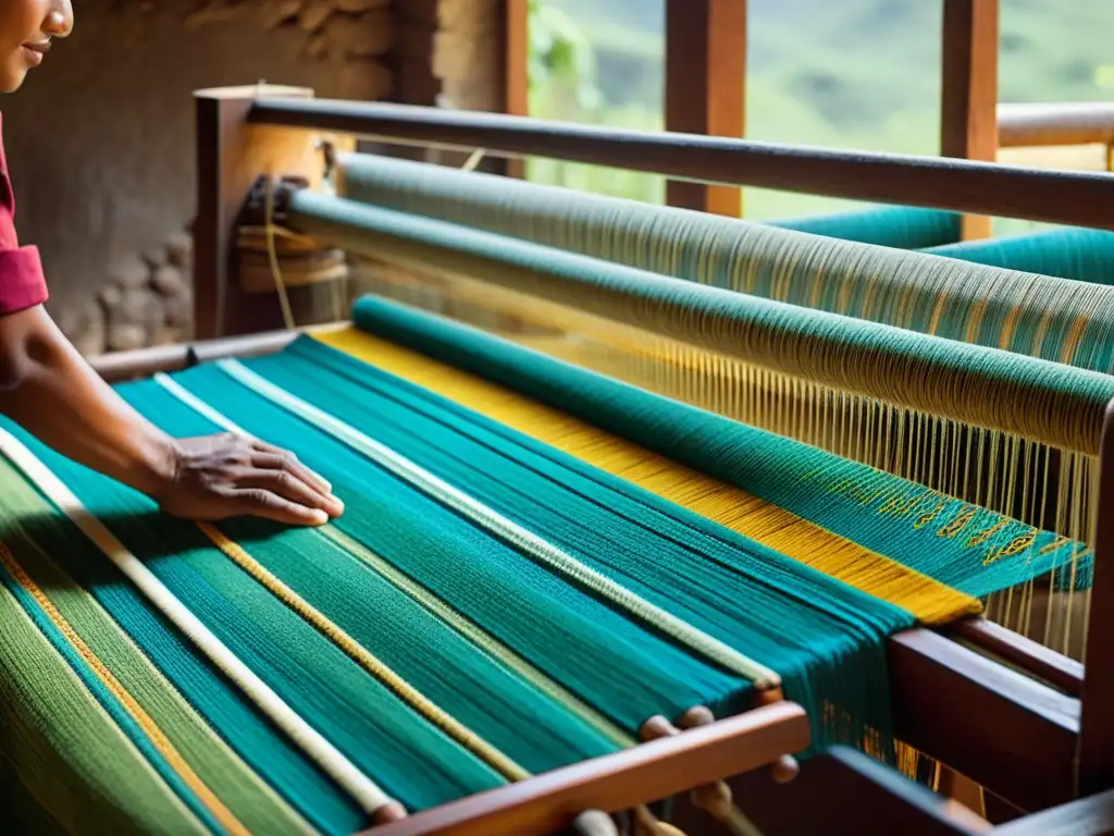 Tejido tradicional en Valle del Indo: manos expertas crean textiles vibrantes en un telar, iluminados por la suave luz del taller