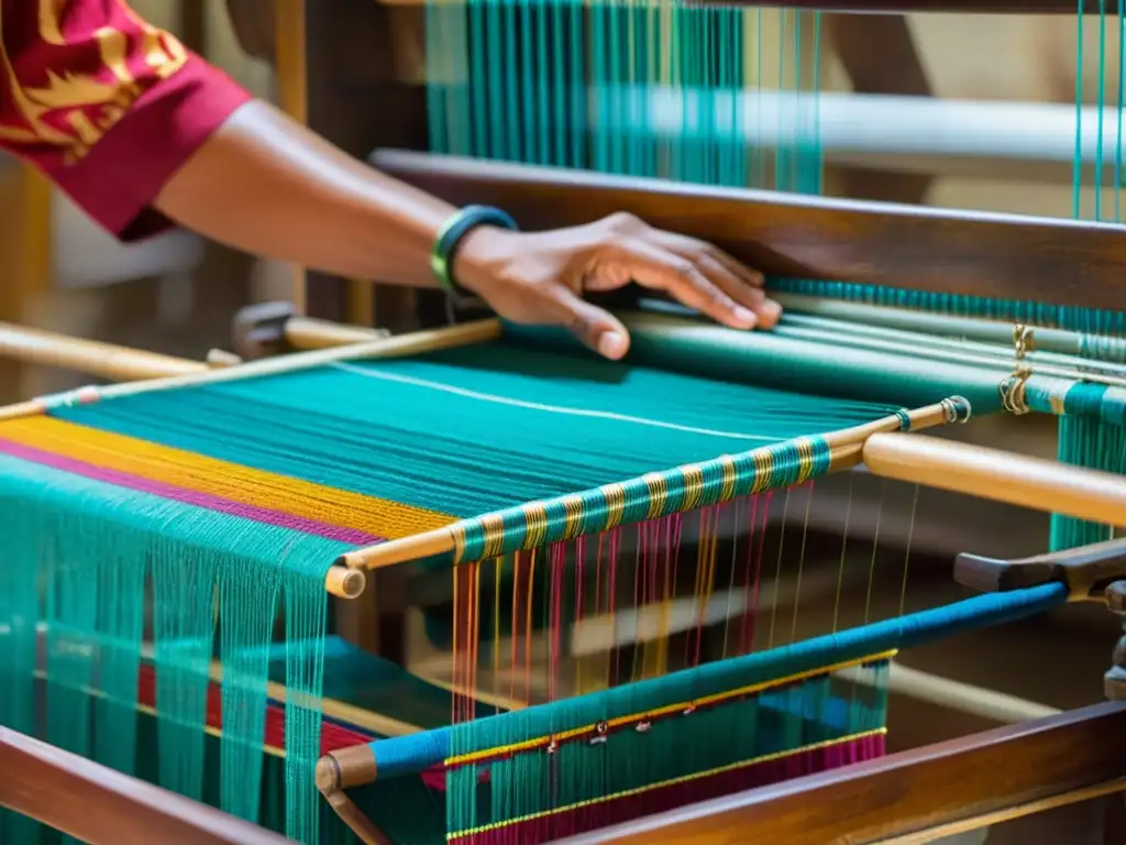 Un telar tradicional de Ikat en proceso, con colores vibrantes y patrones intrincados, destacando la artesanía de materiales tradicionales asiáticos en moda