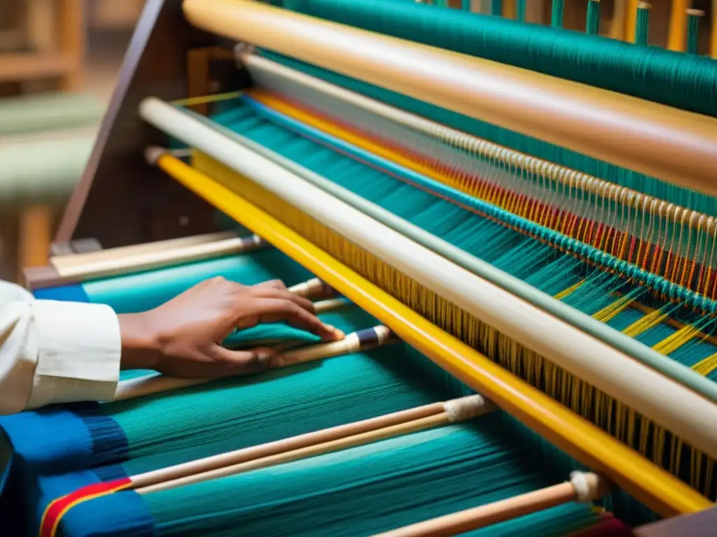 Un telar tradicional indio en acción, tejiendo hilos vibrantes con destreza, reflejando el rico arte textil de India historia