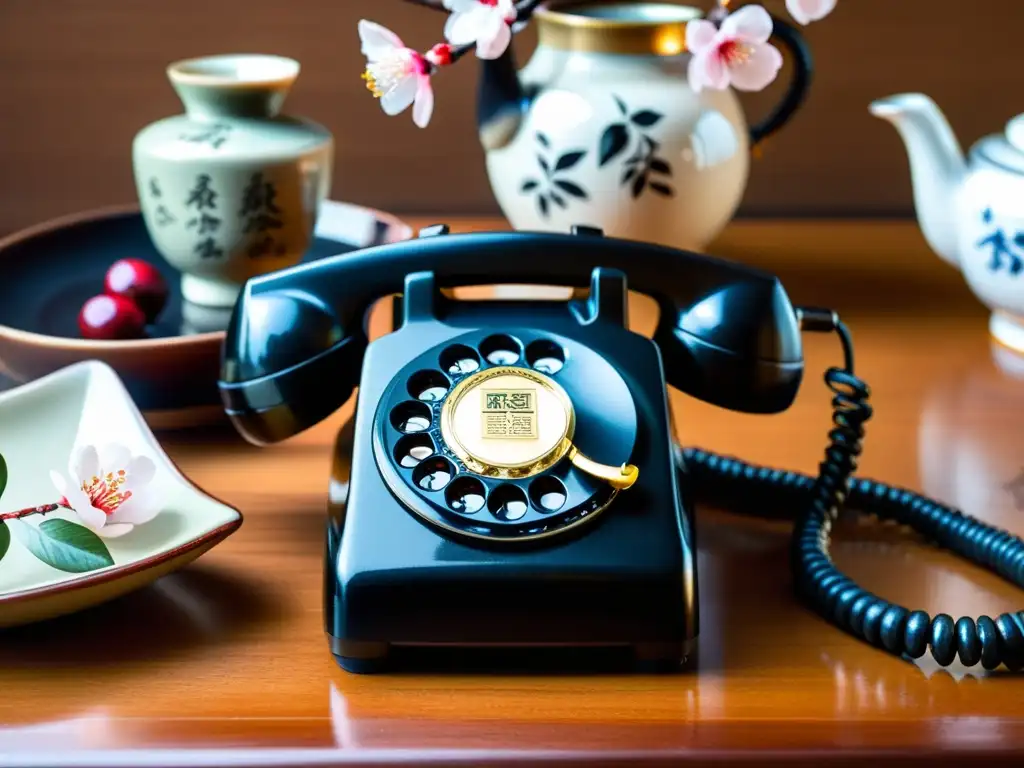 Un teléfono de disco negro con diseño de flores de cerezo en una mesa de madera, rodeado de elementos decorativos asiáticos