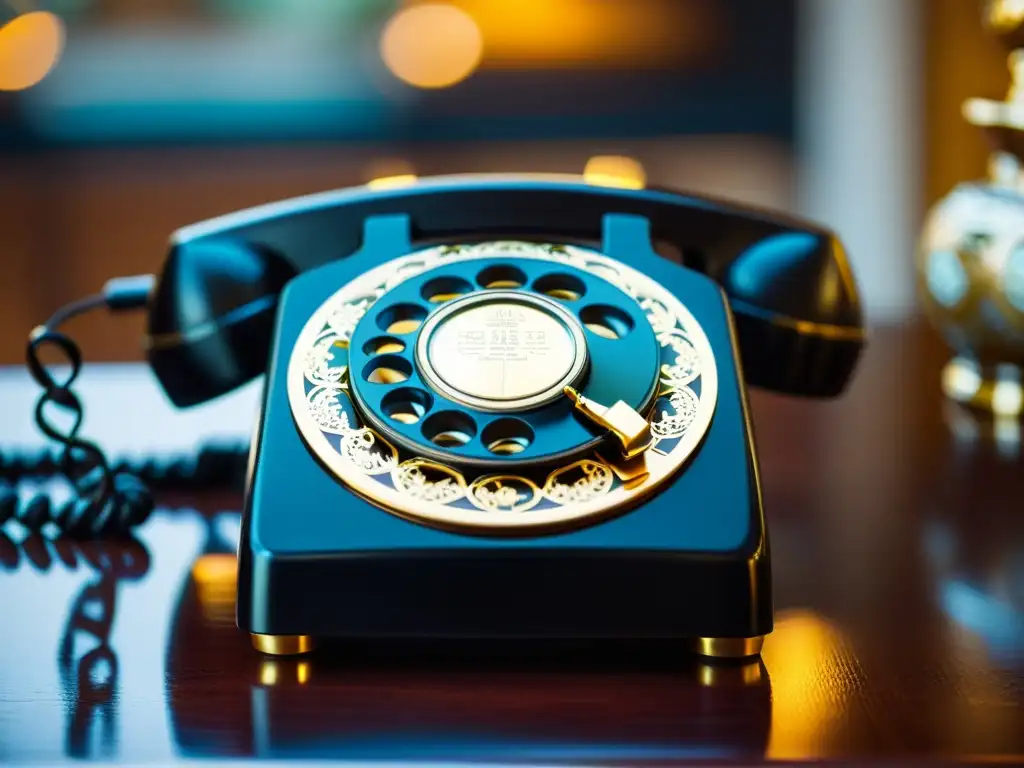 Un teléfono de disco negro con diseño asiático para teléfonos fijos, rodeado de cálida iluminación y patrones florales dorados intrincados