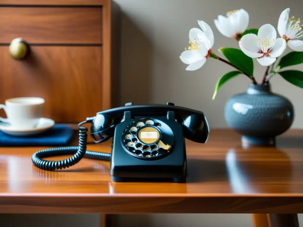 Un teléfono fijo negro con diseño asiático en una elegante sala de estar moderna