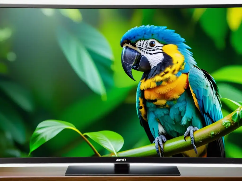 Televisor asiático de alta definición mostrando documental en 8K de naturaleza exquisita, con colores vibrantes y detalles asombrosos