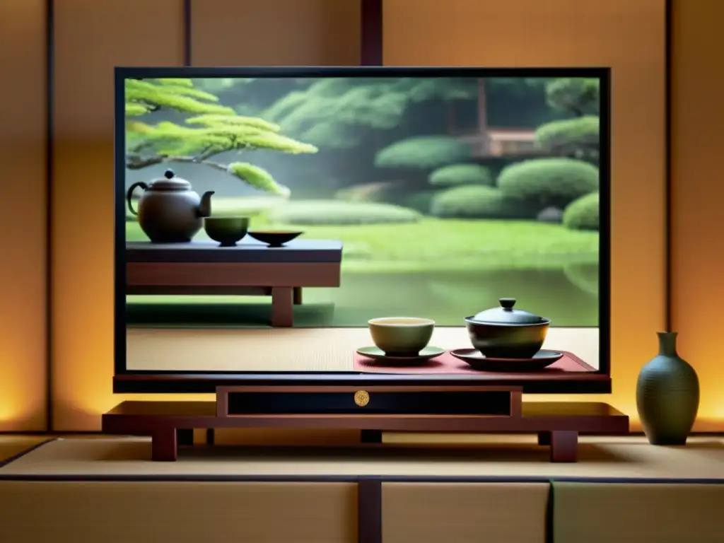 Televisor asiático de alta definición mostrando una vívida ceremonia del té japonesa, con detalle y claridad asombrosos