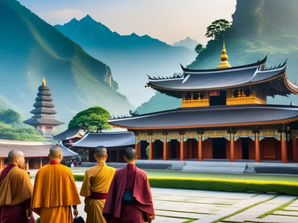 Templo antiguo y tren moderno: vida en Asia Un templo antiguo en primer plano con monjes en sus rituales, un tren de alta velocidad en la distancia y una montaña cubierta de niebla