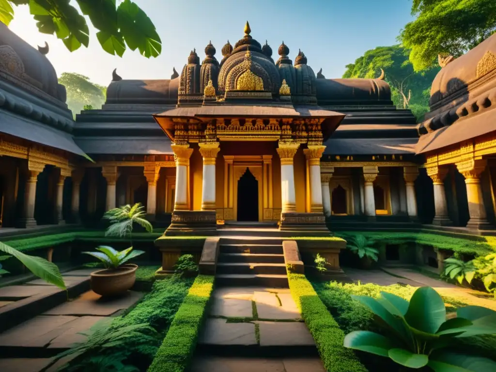 Templo antiguo en la selva exuberante de la India, bañado por la cálida luz dorada