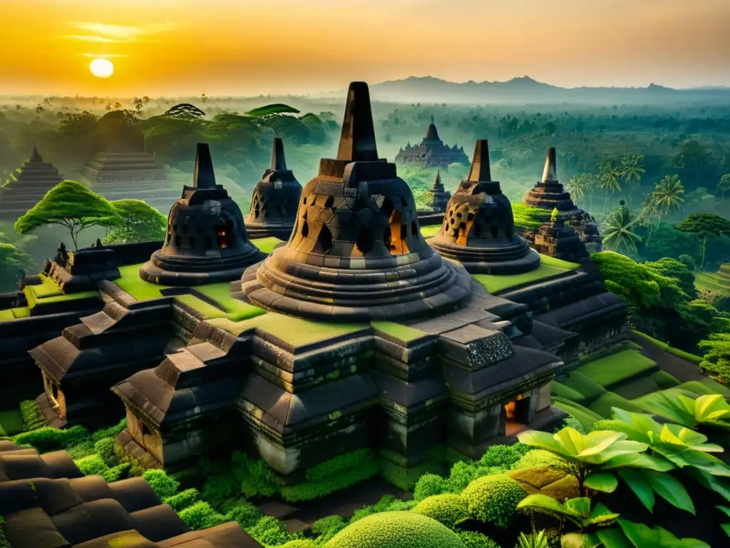 Templo Borobudur al atardecer, con exquisitos tallados de piedra y exuberante vegetación, significado templos elevados Asia