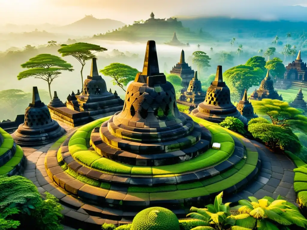 Templo Borobudur en la neblina matutina, exudando significado y serenidad espiritual en Asia