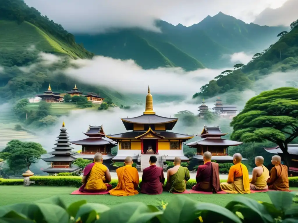 Templo budista antiguo en las montañas, con monjes meditando y naturaleza exuberante