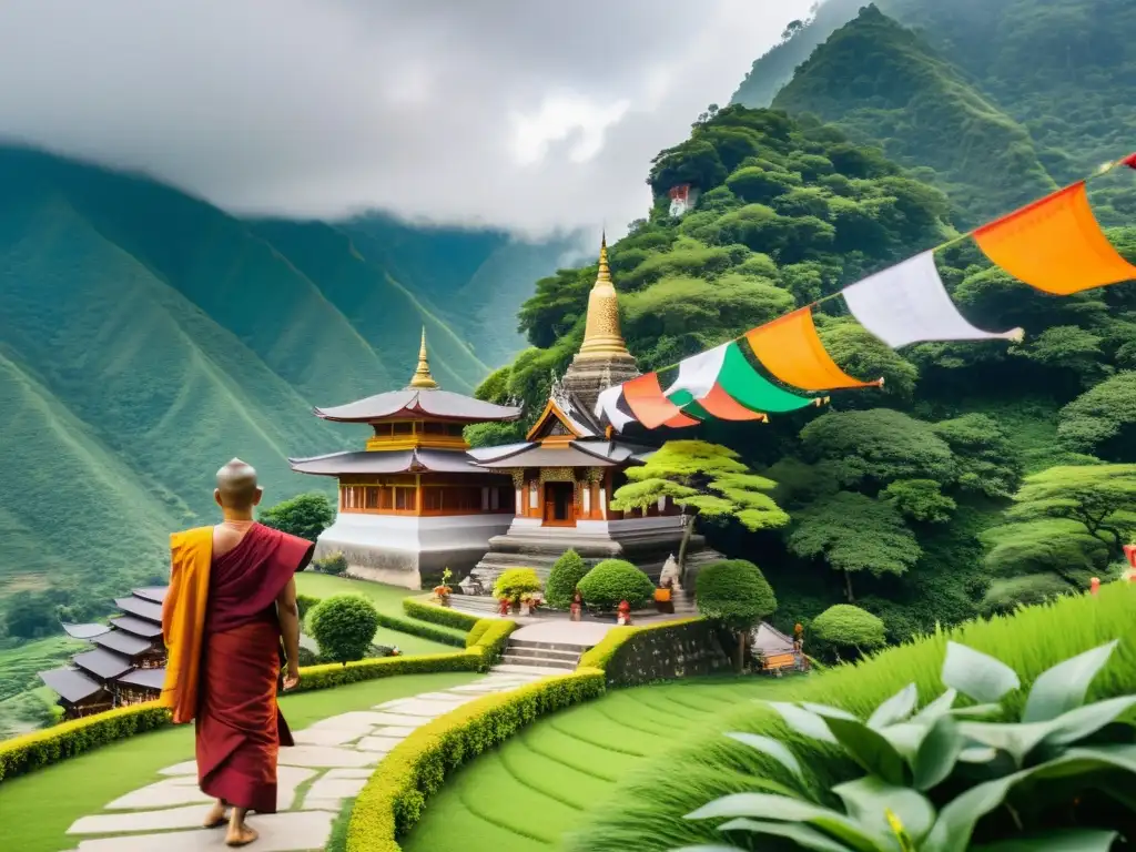 Templo budista en las montañas con monjes en meditación