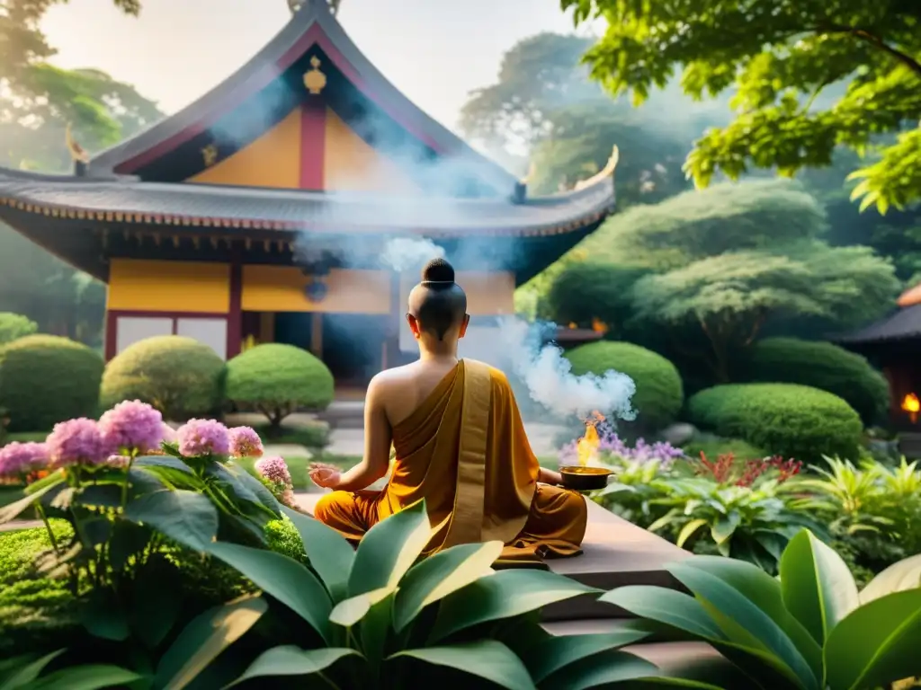 Un templo budista rodeado de jardín aromático y una figura meditando