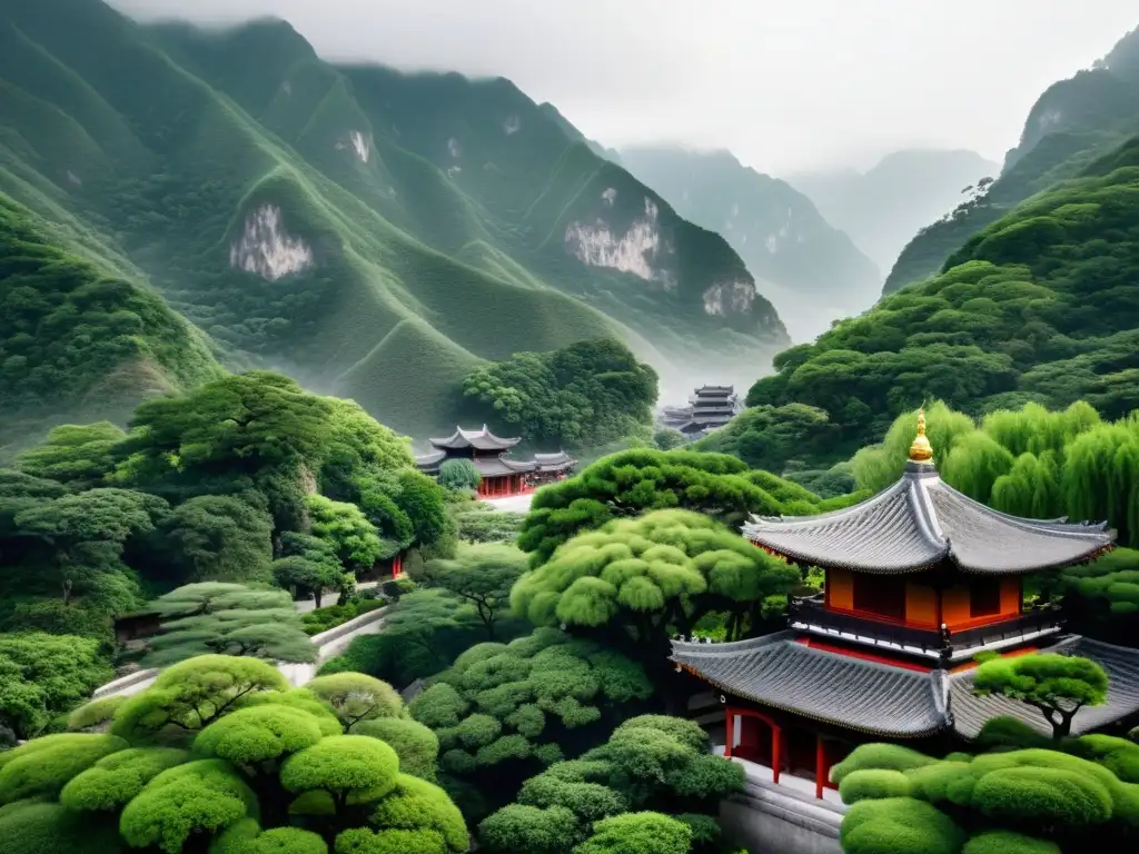 Un templo confuciano en la niebla de un valle montañoso, exudando sabiduría y tranquilidad