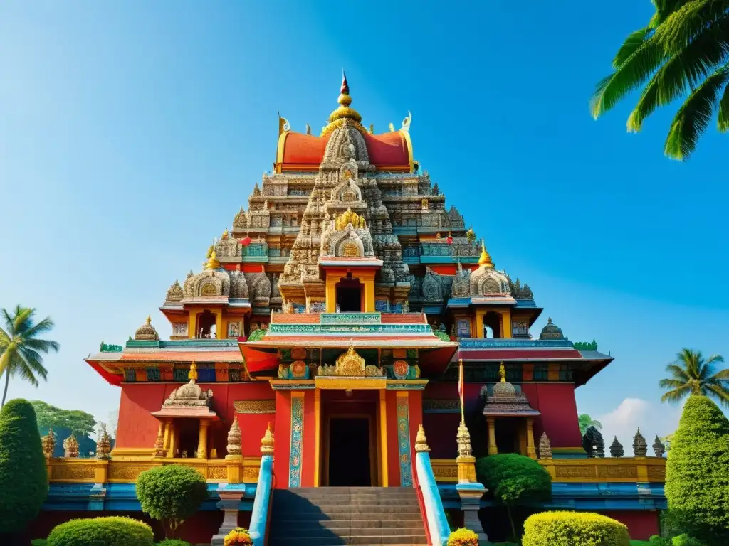 Un templo hindú con detalles intrincados y banderas de colores, en medio de exuberante vegetación y cielo azul