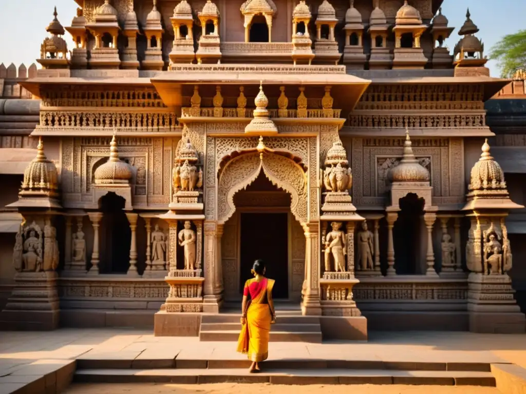 Templo hindú con esculturas detalladas y visitantes admirando las grandes obras de literatura india clásica