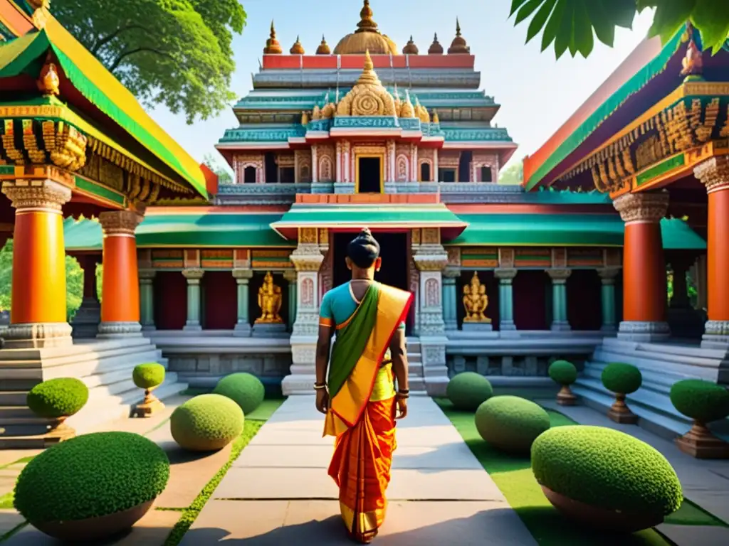 Templo hindú con intrincadas esculturas y adoradores, irradiando espiritualidad y belleza