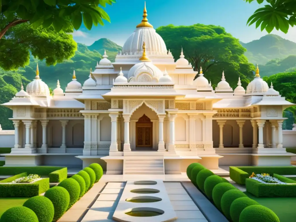 Templo Jainista: Oraciones y Arquitectura en Mármol Templo Jainista con devotos en oración rodeados de exuberante vegetación, mostrando principios éticos del Jainismo en esculturas de mármol