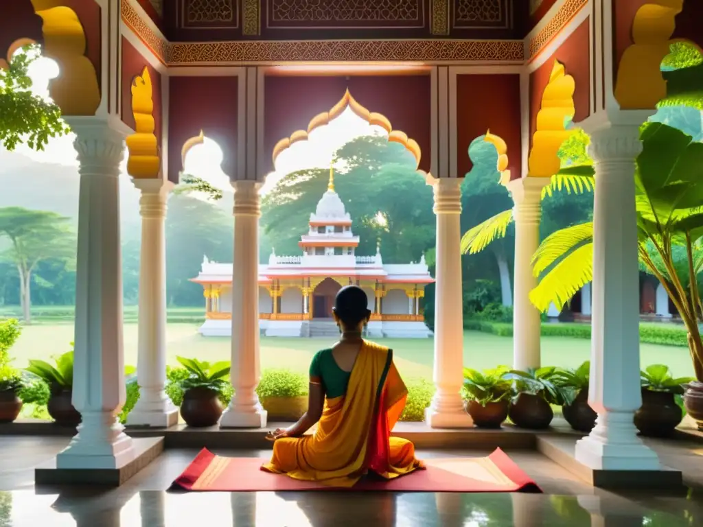 Un templo jainista sereno se funde con la exuberante vegetación, mientras los devotos practican la no violencia en el Jainismo