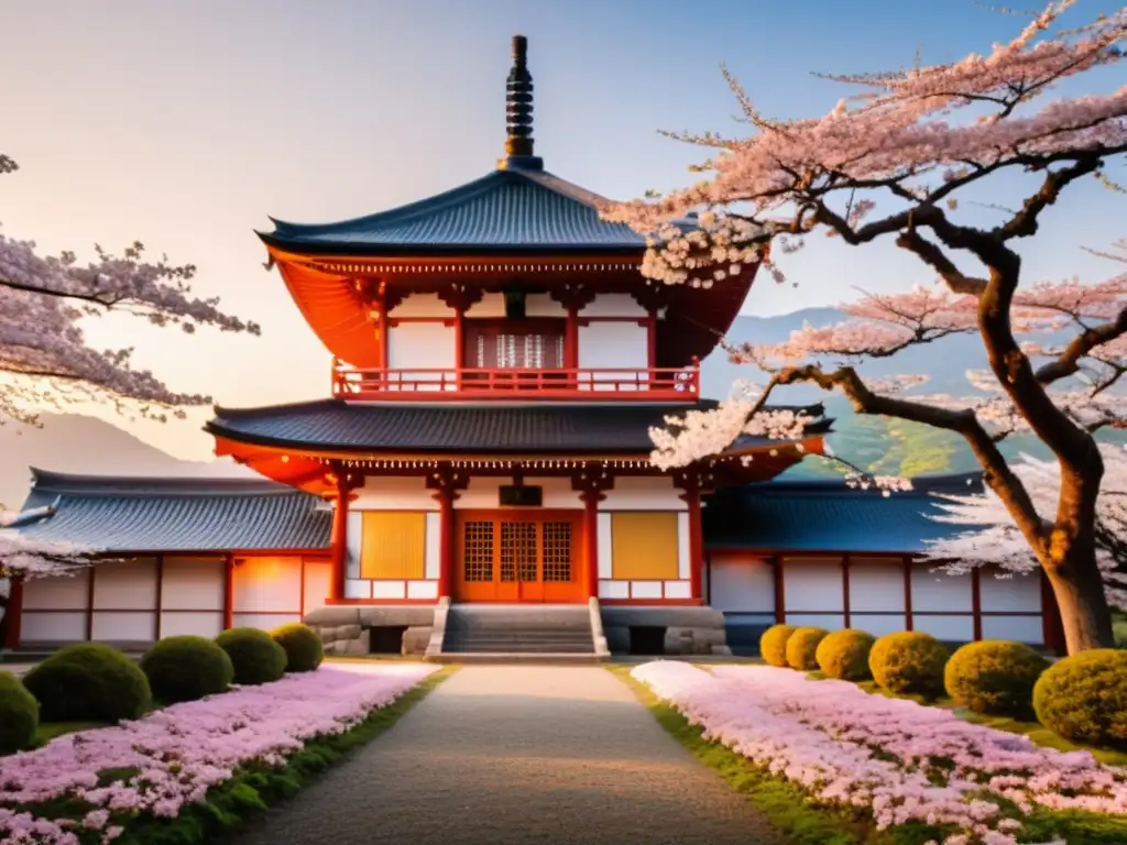 Templo japonés rodeado de cerezos en flor, con linternas iluminando el paisaje