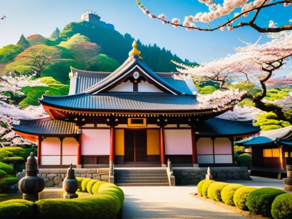 Templo japonés entre cerezos en flor Un templo japonés rodeado de cerezos en flor, con arquitectura detallada y una atmósfera serena que resalta las Joyas del Diseño Asiático
