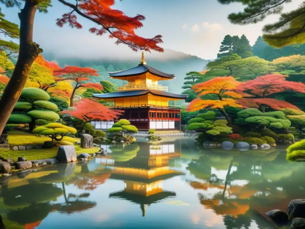 Un templo japonés tradicional se destaca entre la exuberante vegetación con un estanque sereno y colores otoñales